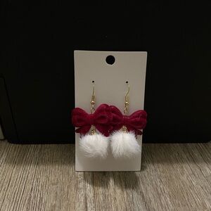 Red Bow Earrings with White Fur Pom Poms